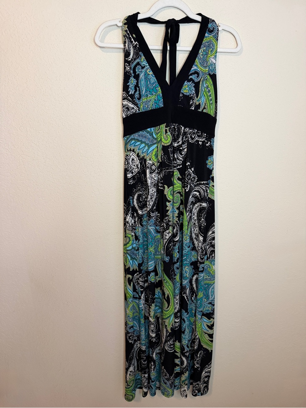 Women’s Black Maxi Dress with Blue & Green Paisley Print